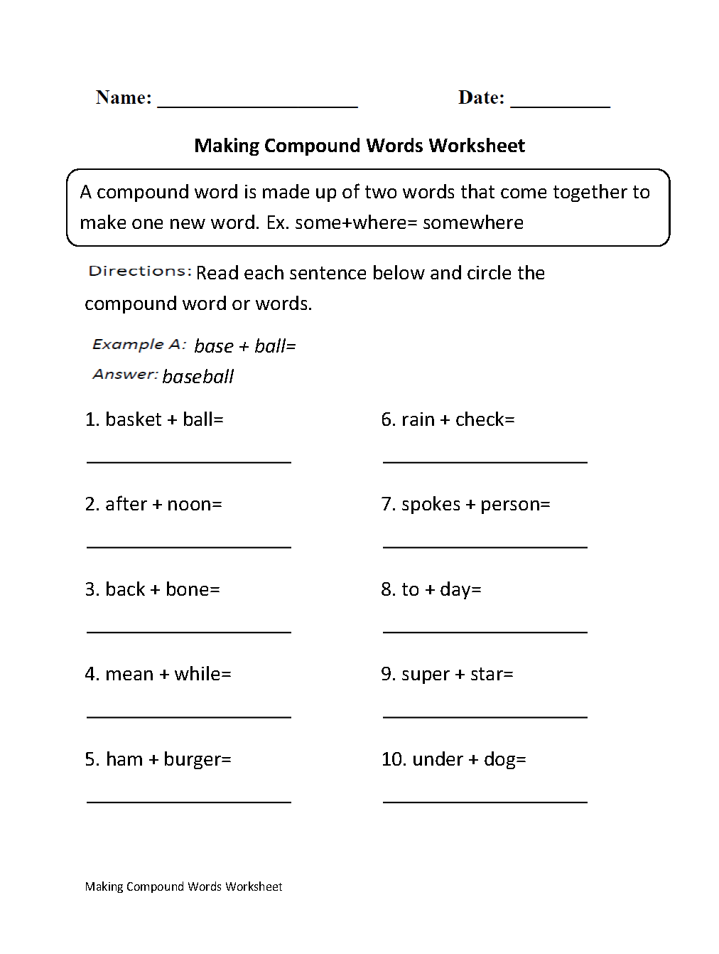 Compound Words Worksheets Making Compound Words Worksheet
