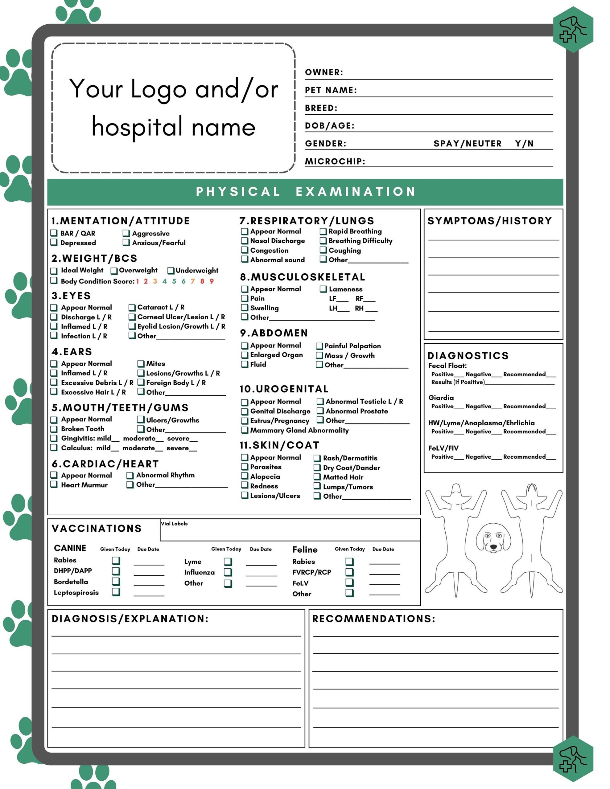 Customizable Physical Exam Form Veterinary Hospital Blank Fillable Printable PDF Vet Med Clinic Examination Dog Cat Pet Report Card Etsy
