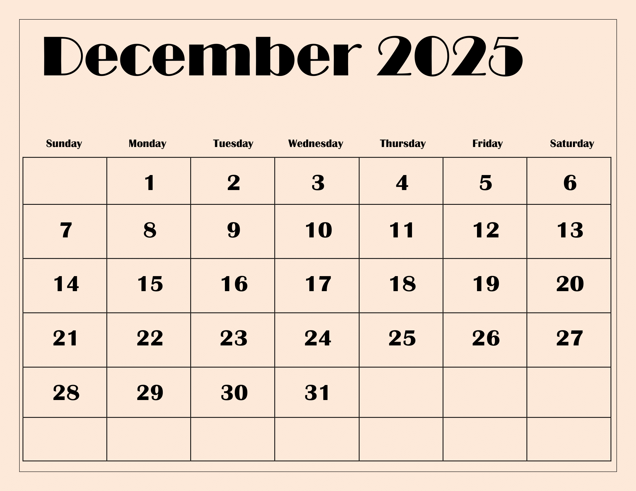 December 2025 Calendar Printable Free