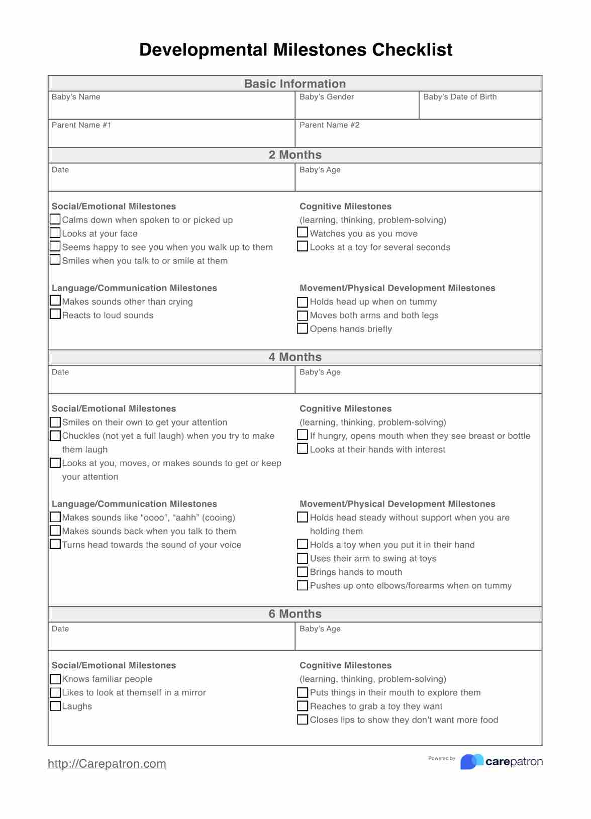 Developmental Milestones Checklist Example Free PDF Download