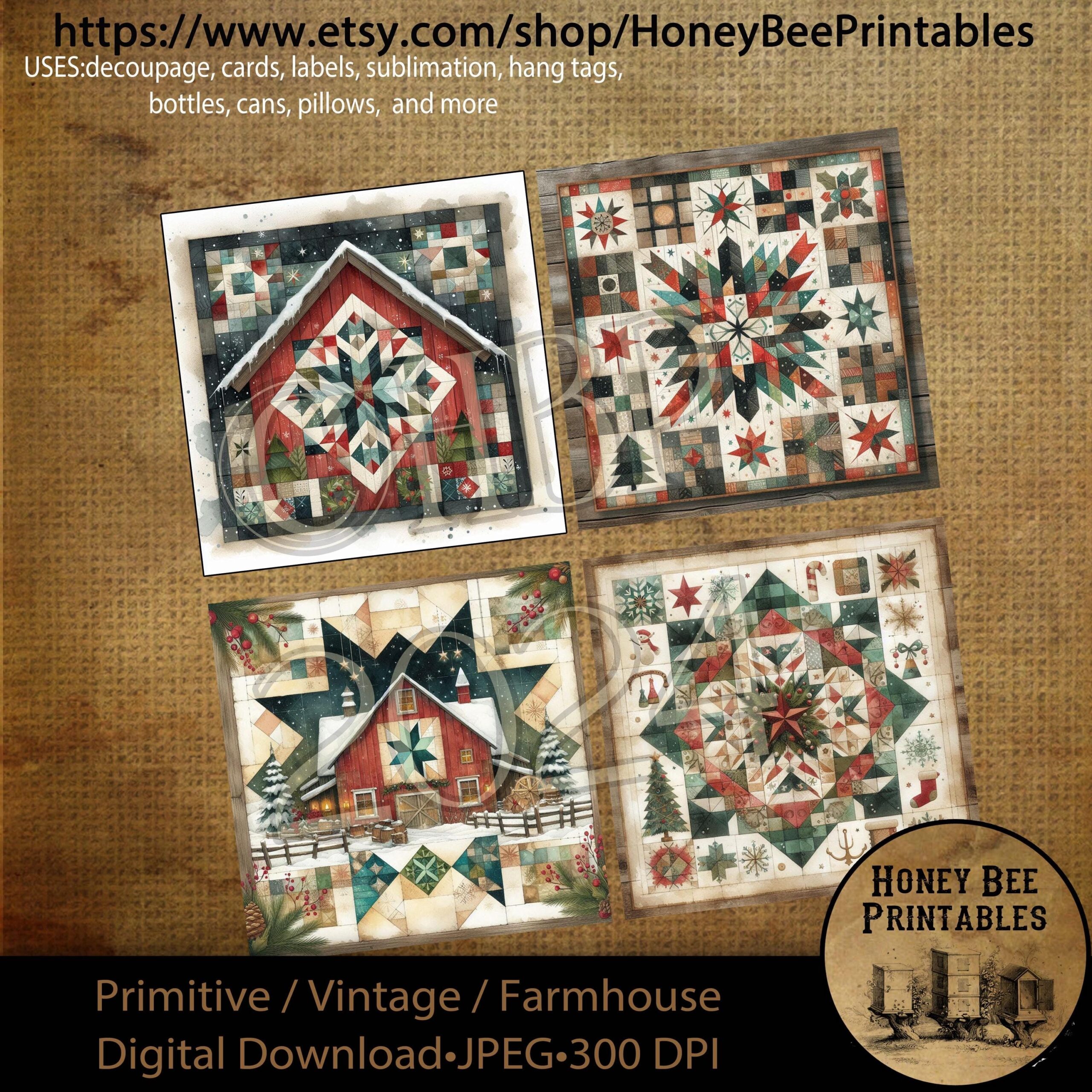 Digital Download Printable Decoupage Primitive Farmhouse Vintage Craft Supplies Christmas Quilt Barn Quilt Quilt Sewing 4x4 Set 4 Etsy