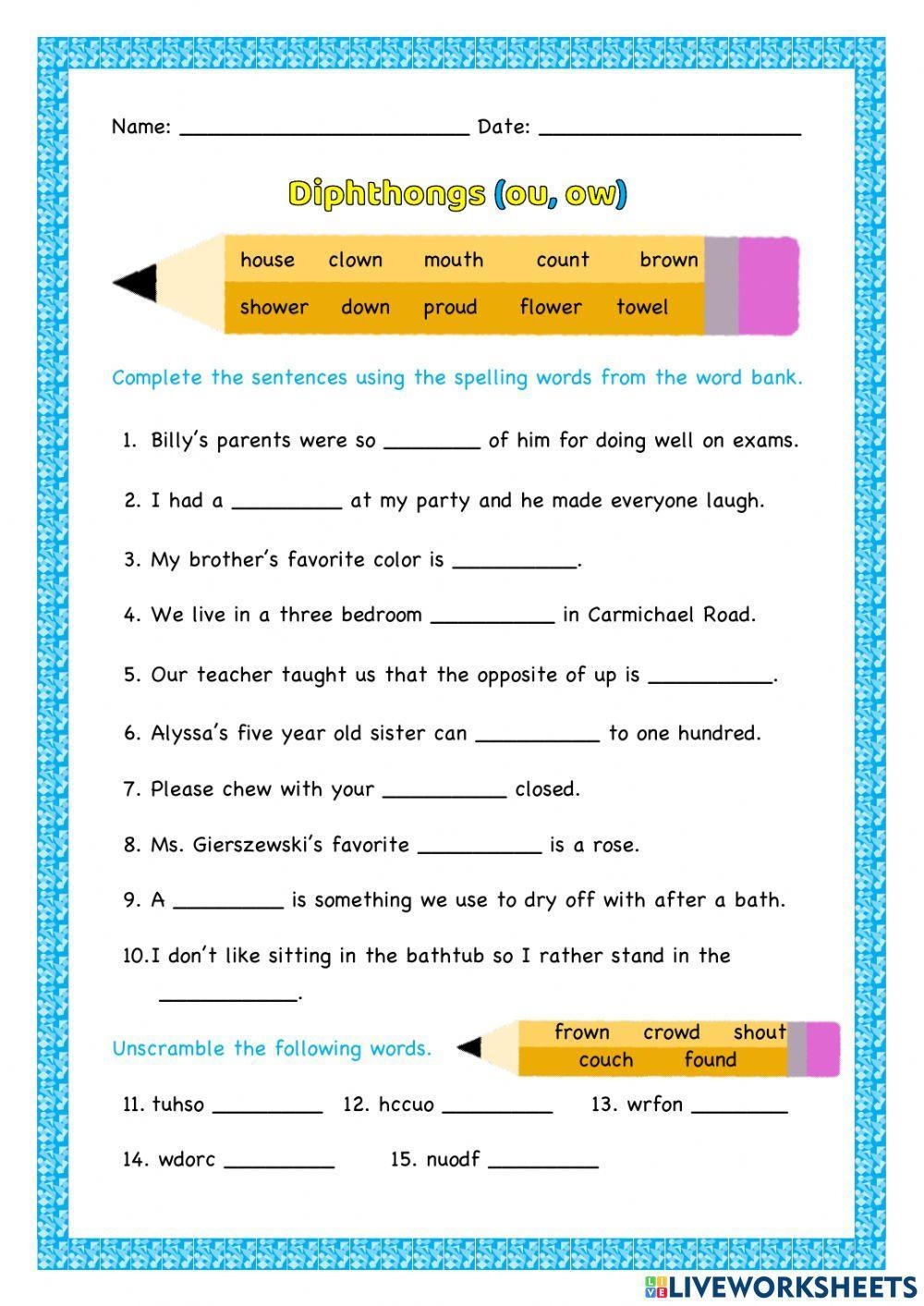 Diphthongs ou And Ow Worksheet Live Worksheets Worksheets Library