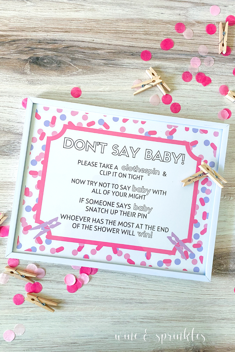 DIY Don t Say Baby Clothespin Baby Shower Game Wine Sprinkles