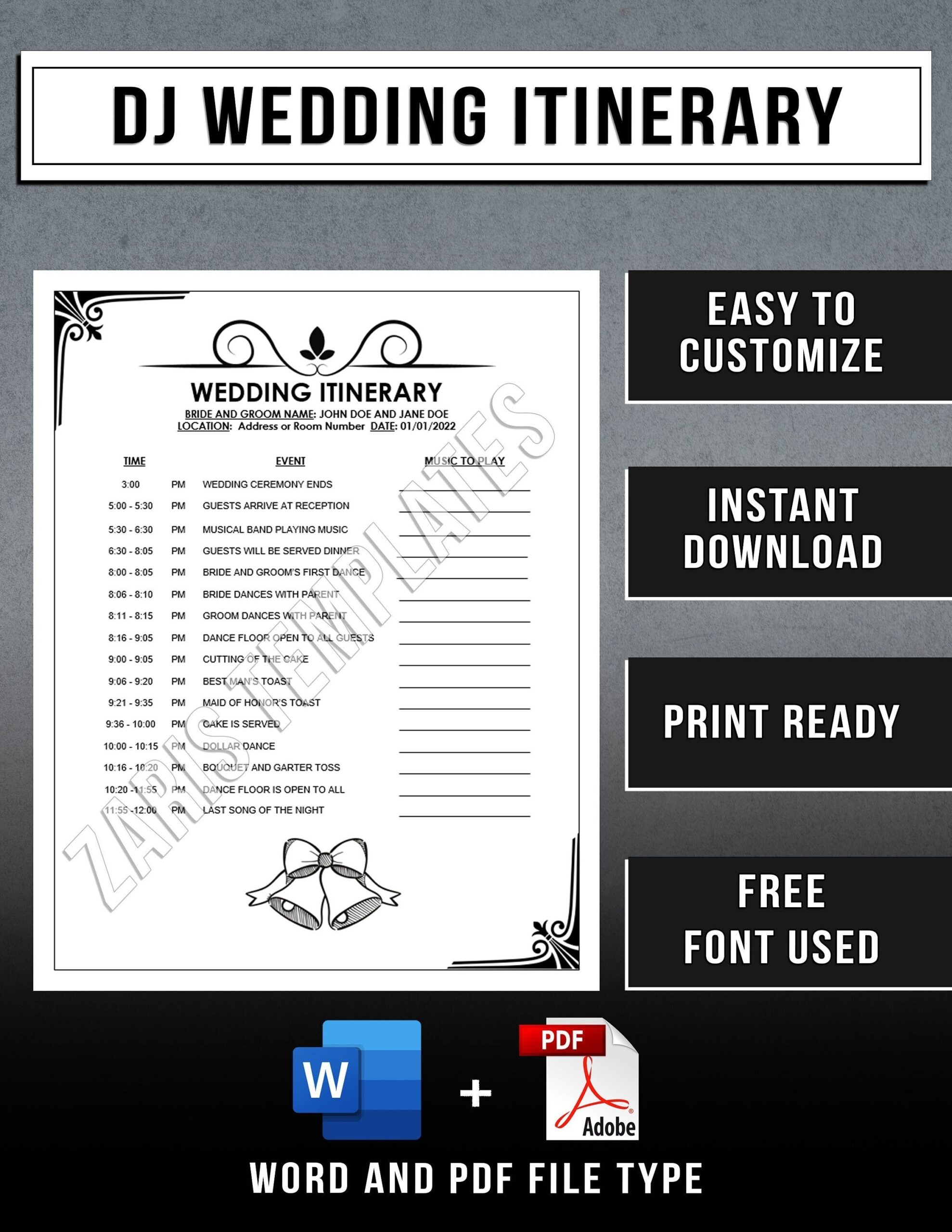 DJ WEDDING ITINERARY Template Disc Jockey Wedding Event Schedule Instant Download Etsy