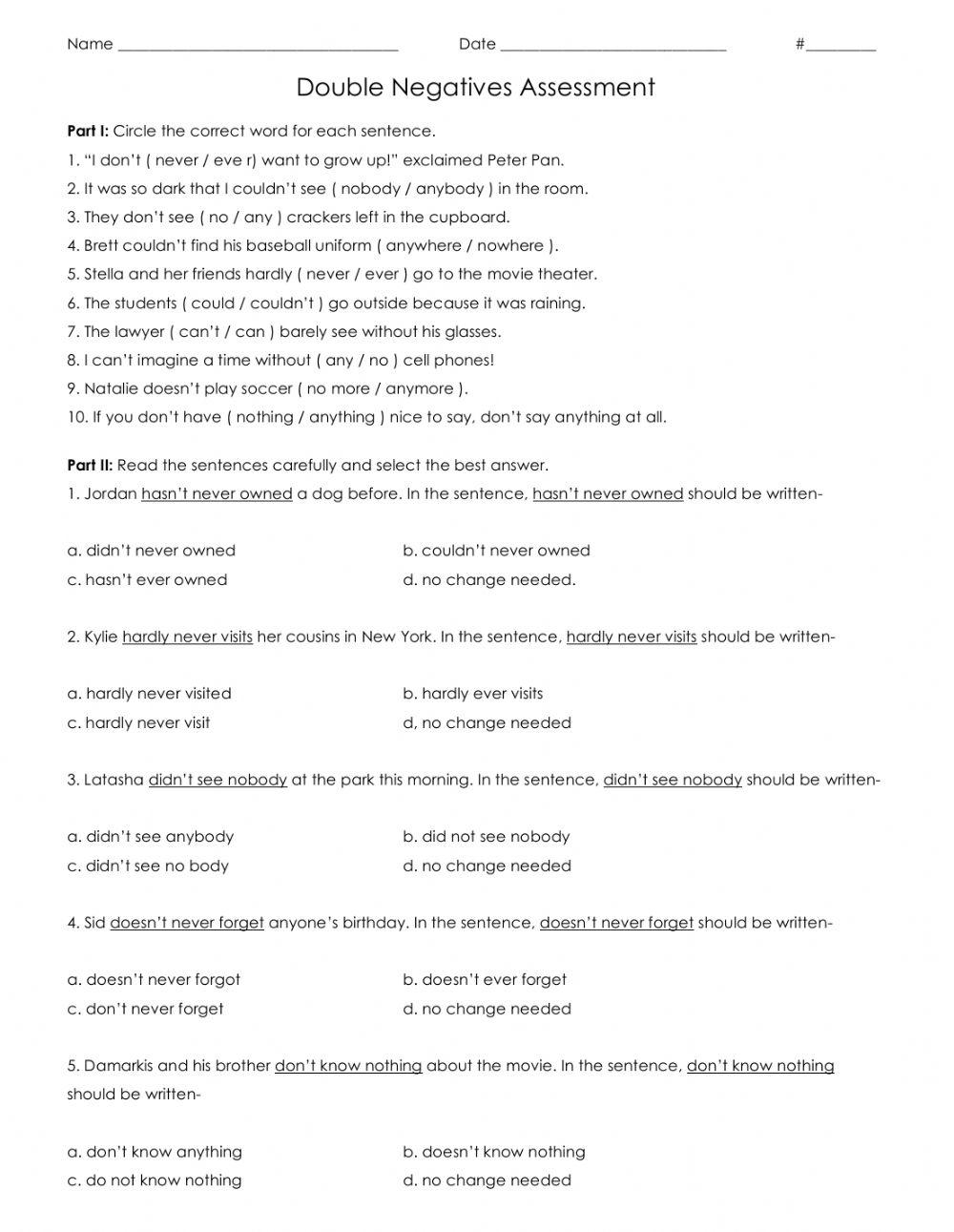 Free Printable Worksheets On Double Negatives Grade 5