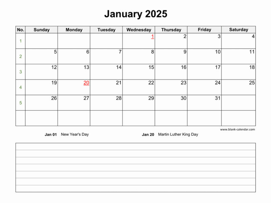 Download Blank Calendar 2025 With Space For Notes 12 Pages One Month Per Page Horizontal