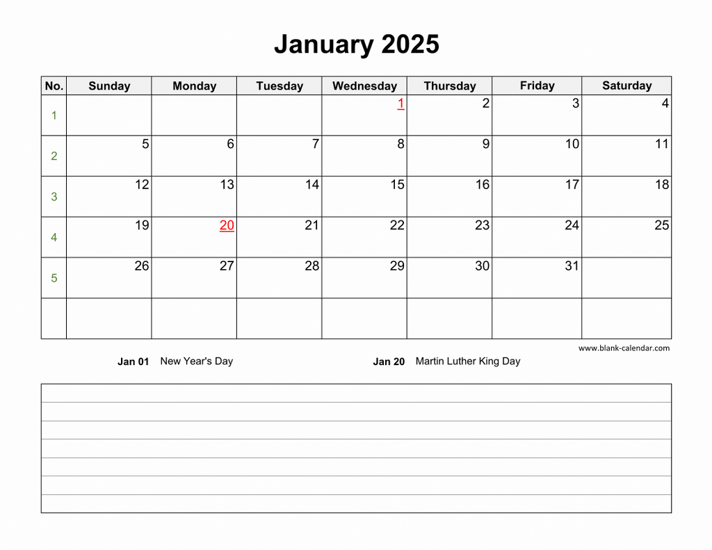 Download Blank Calendar 2025 With Space For Notes 12 Pages One Month Per Page Horizontal 