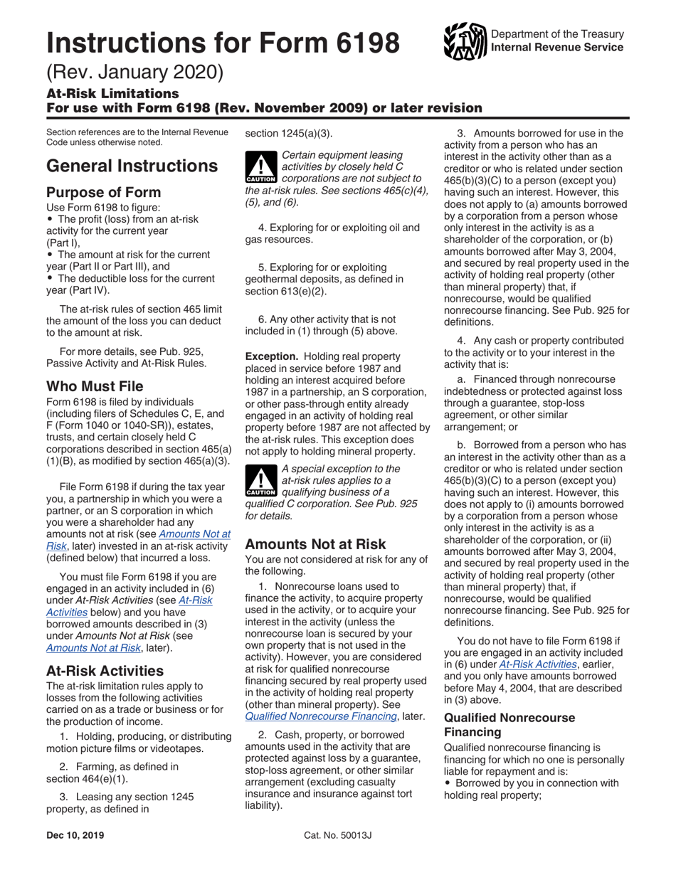 Download Instructions For IRS Form 6198 At Risk Limitations PDF 2009 2025 Templateroller