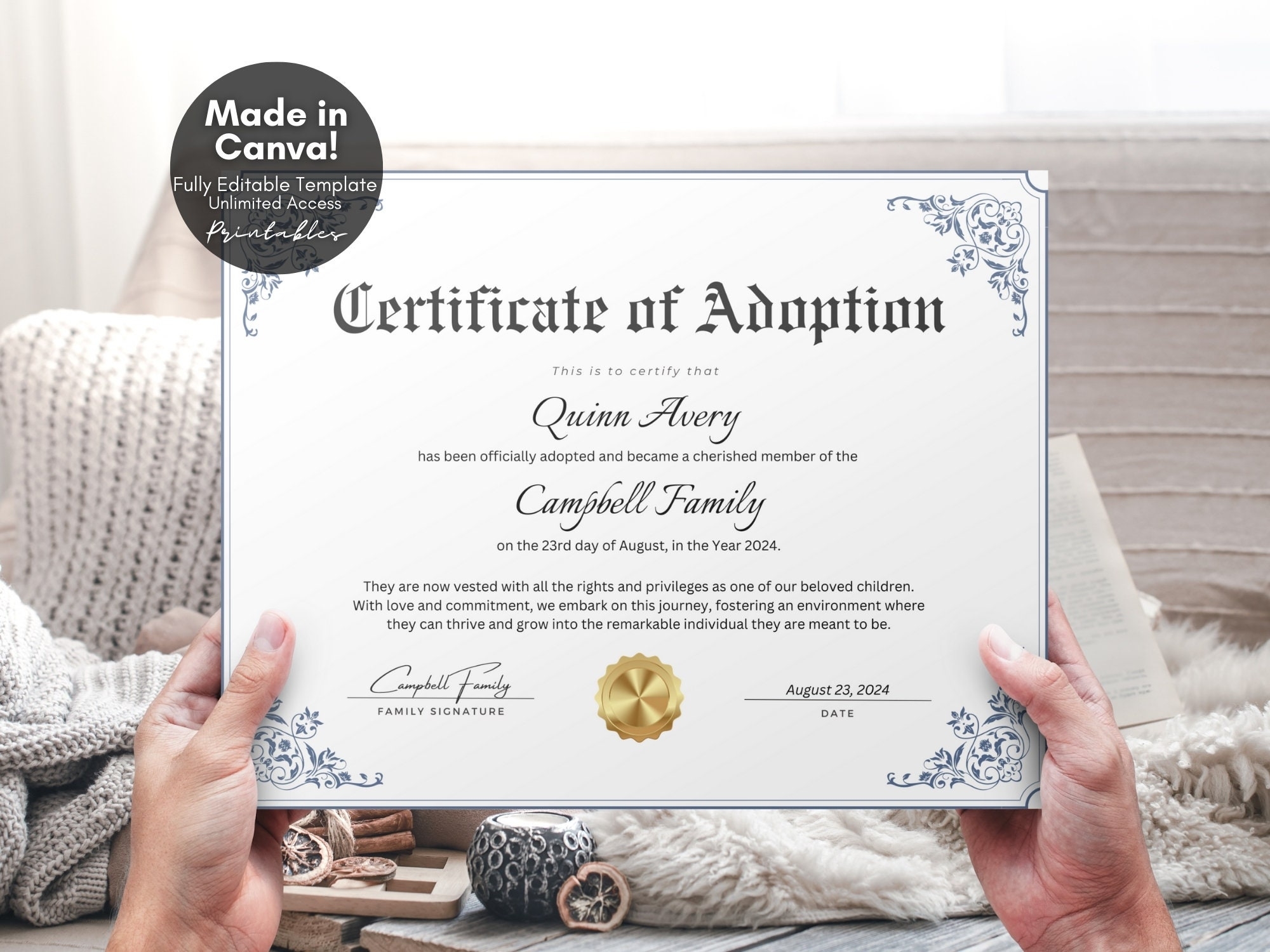 Editable Certificate Of Adoption To Our Family Printable Child Adoption Certificate New Family Adoption Gift Custom Certificate Template Etsy