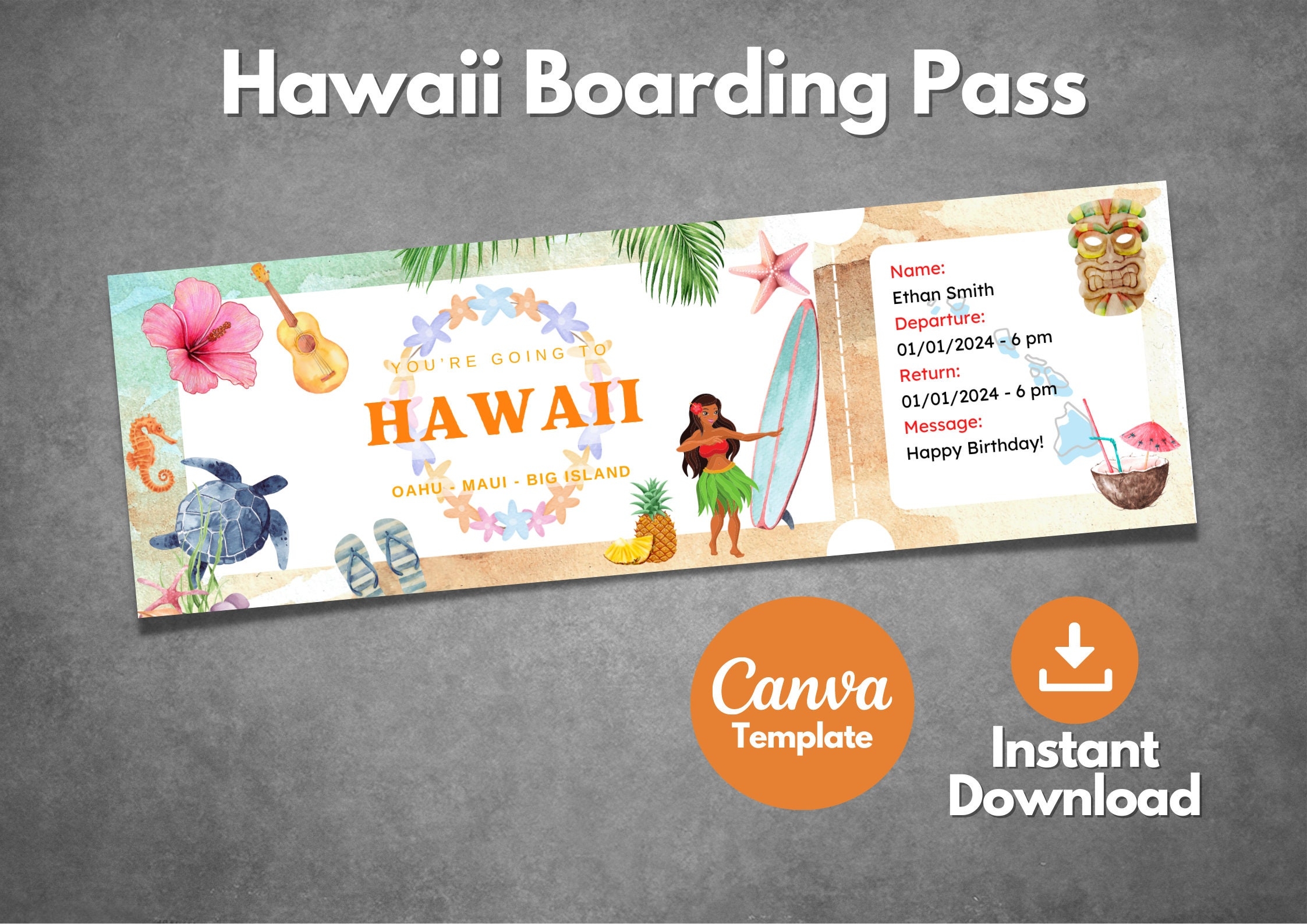 Editable Hawaii Ticket Template Printable Hawaii Islands Boarding Pass Custom Oahu Maui Hawaii Vacation Trip Voucher Canva Template Etsy