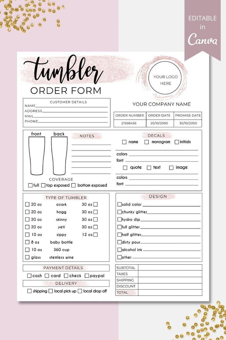 Editable Tumbler Order Form Template Custom Tumbler Form Printable Canva Template Editable Tumbler Work Order Instant Download DTP 004 Etsy