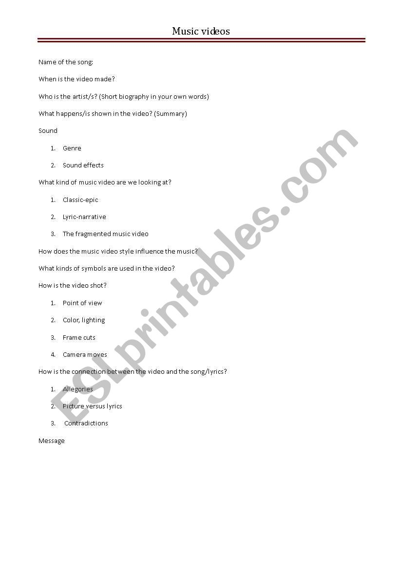 English Worksheets Music Video Analysis Worksheet
