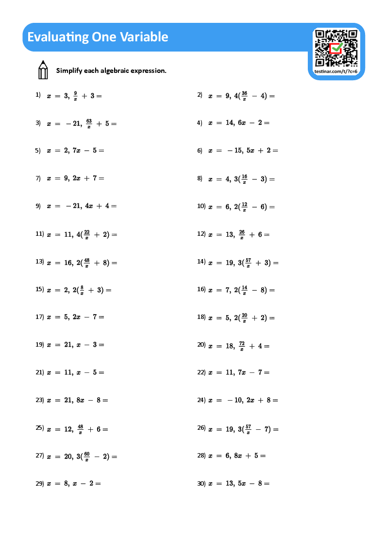 Evaluating One Variable Worksheets