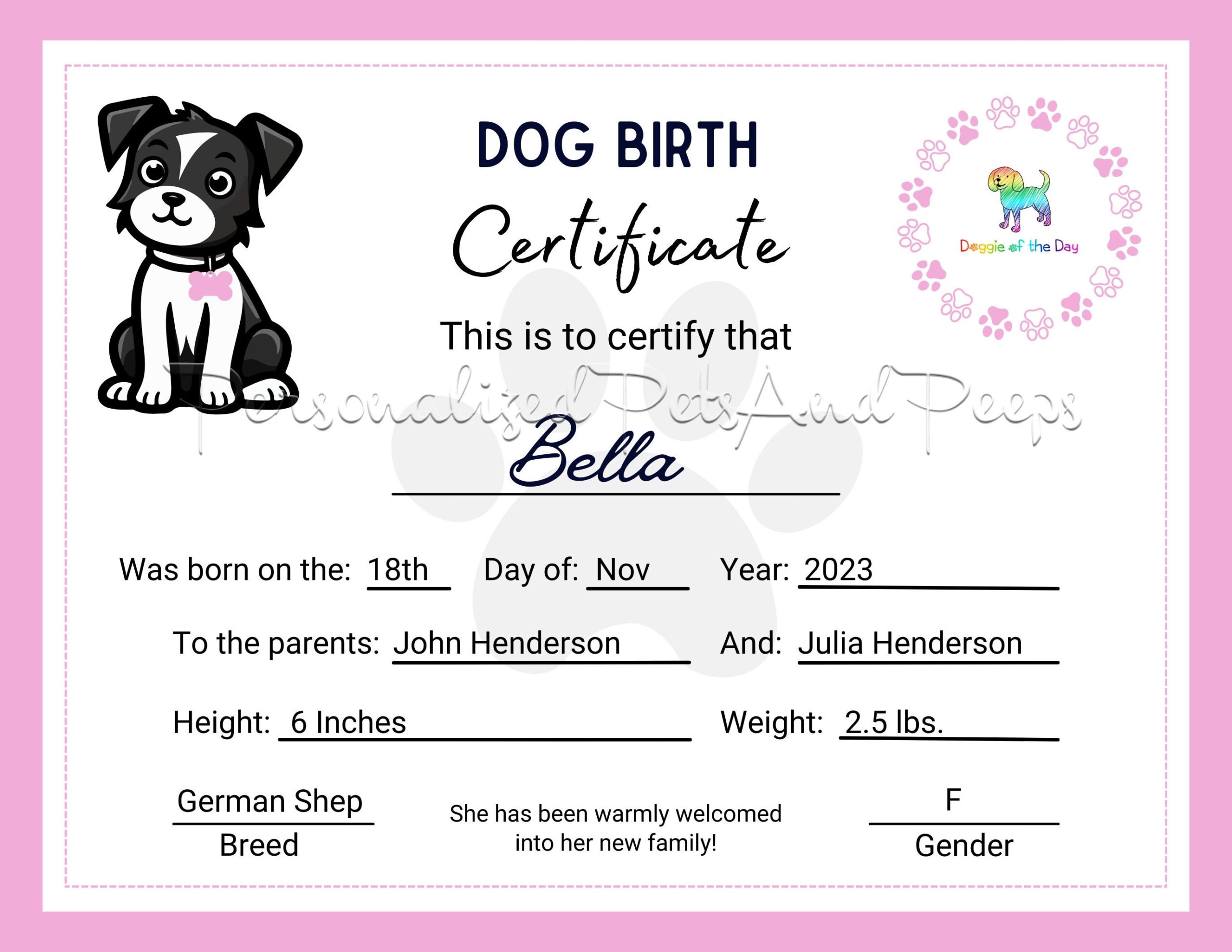 Printable Dog Birth Certificates Templates