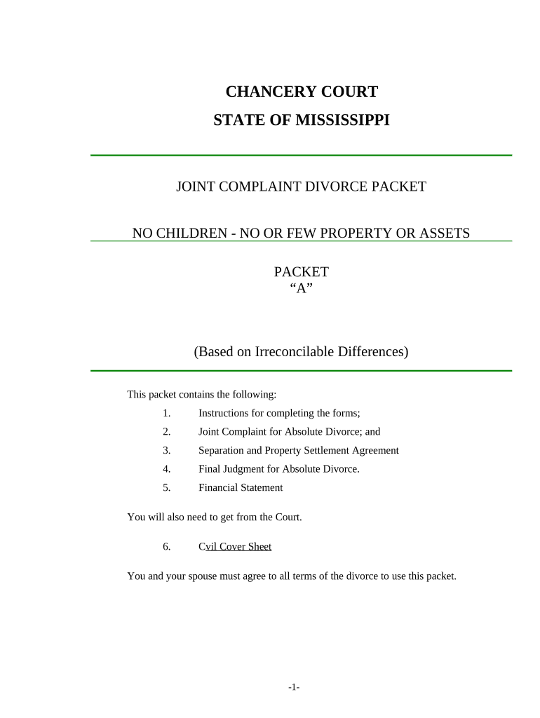 Fill And Sign The Joint Divorce Uncontested Irreconcilable Differences No Children Mississippi Form