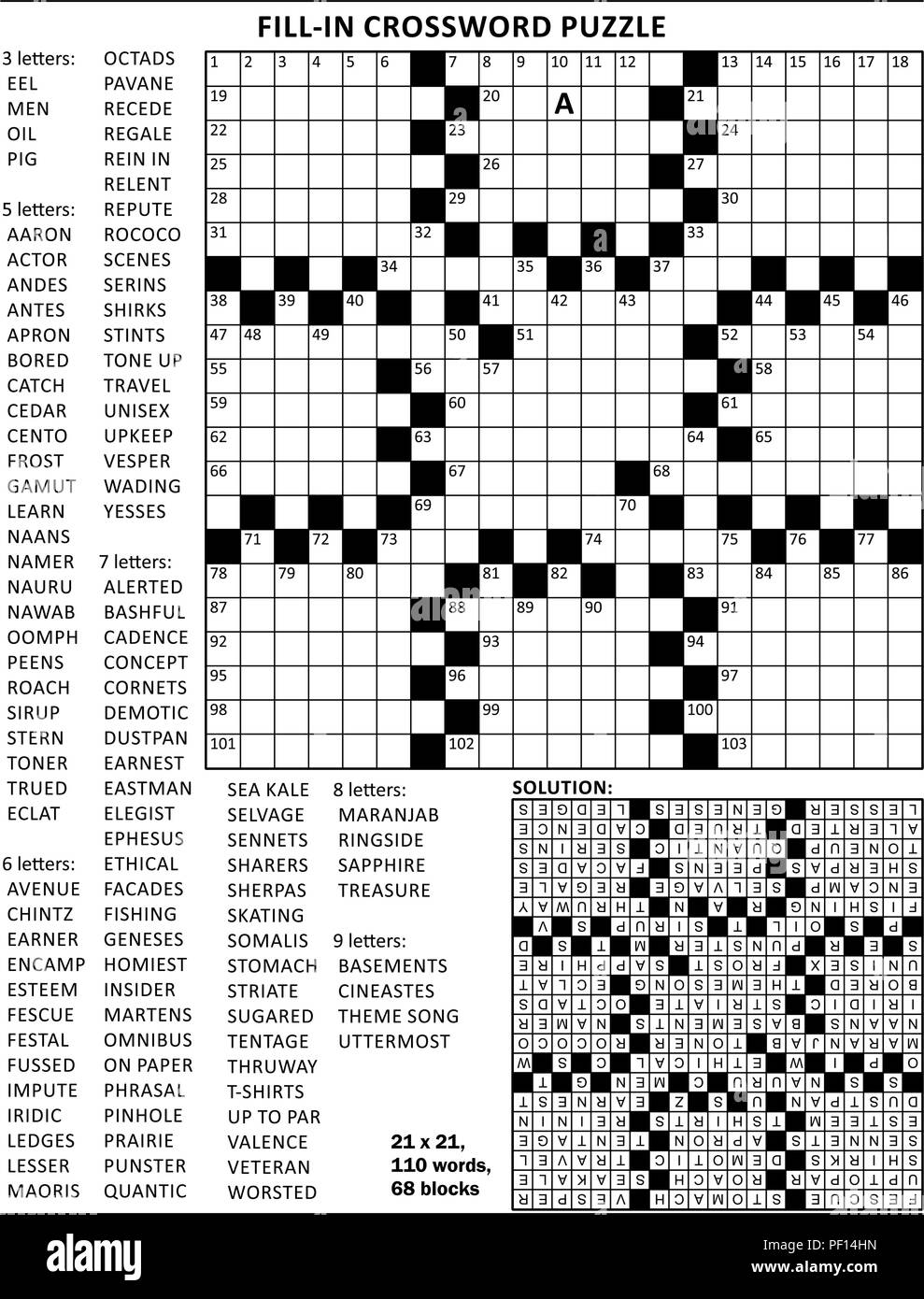 Fill In The Blanks Crossword Puzzle With American Style Grid Of 21x21 Size 68 Blocks 110 Words One Letter Revealed Answer Included Stock Vector Image Art Alamy