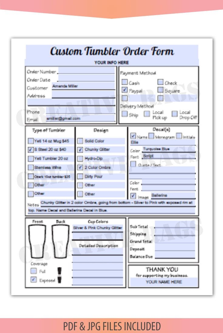 Fillable editable Text Only PDF TUMBLERS Order Form Decals Hydrodip Letter Size Forms Sales Sheet Instant Download Template BOP 034 Etsy