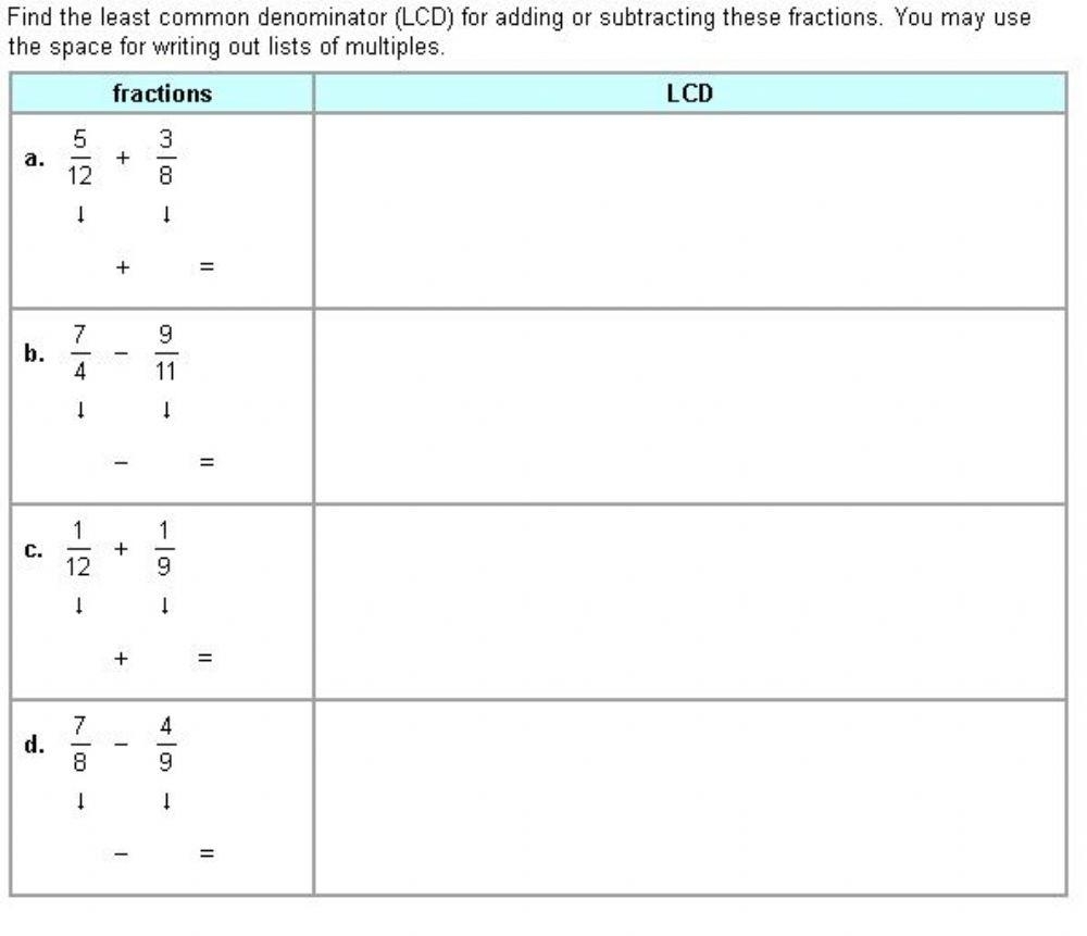 Finding Lowest Common Denominator Fractions With Unlike Worksheets Library