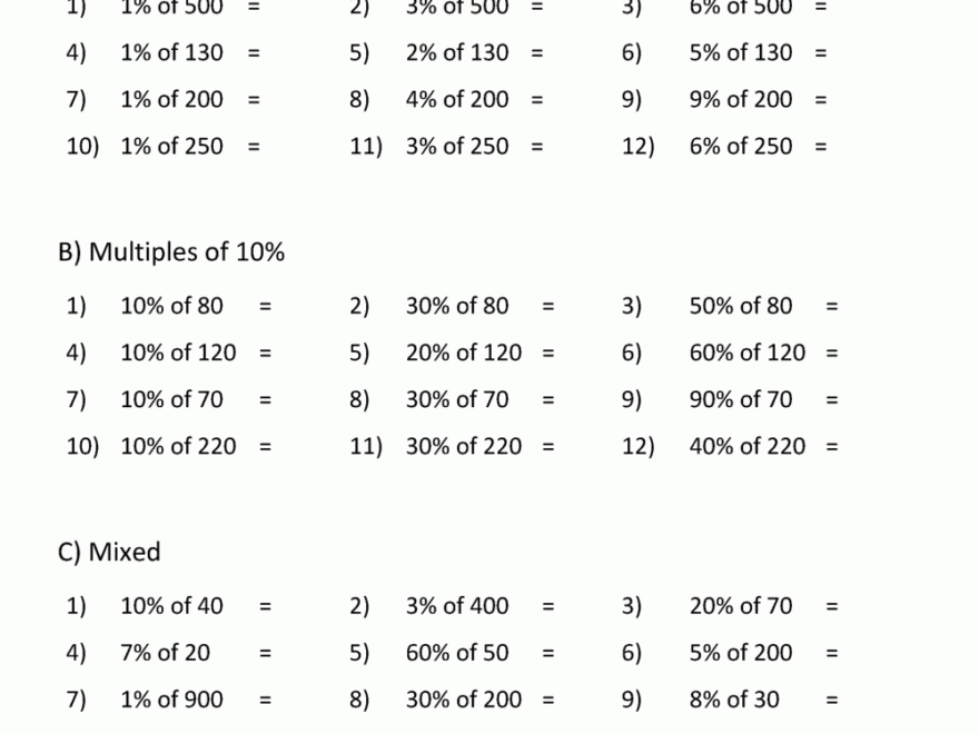 Finding Percentage Worksheets