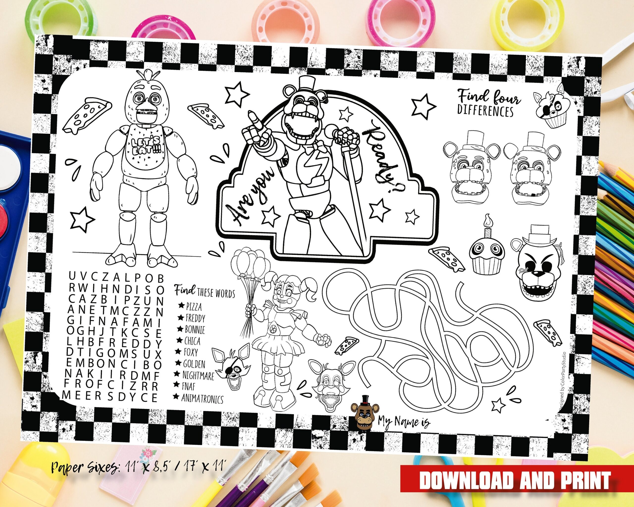 Five Nights At Freddy s Coloring Placemat Digital Instant Download Table Activity Kids Coloring Page Printable File Etsy