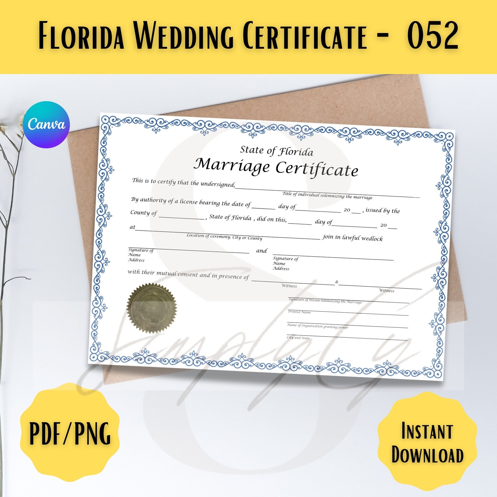 Florida Commemorative Marriage Certificate Mock Wedding Certificate Canva Template Editable Blue Frame Florida Printable Wedding Cert Etsy