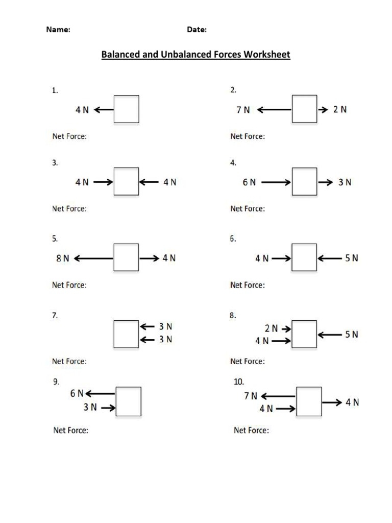 Unbalanced Forces Worksheet Middle School Printables