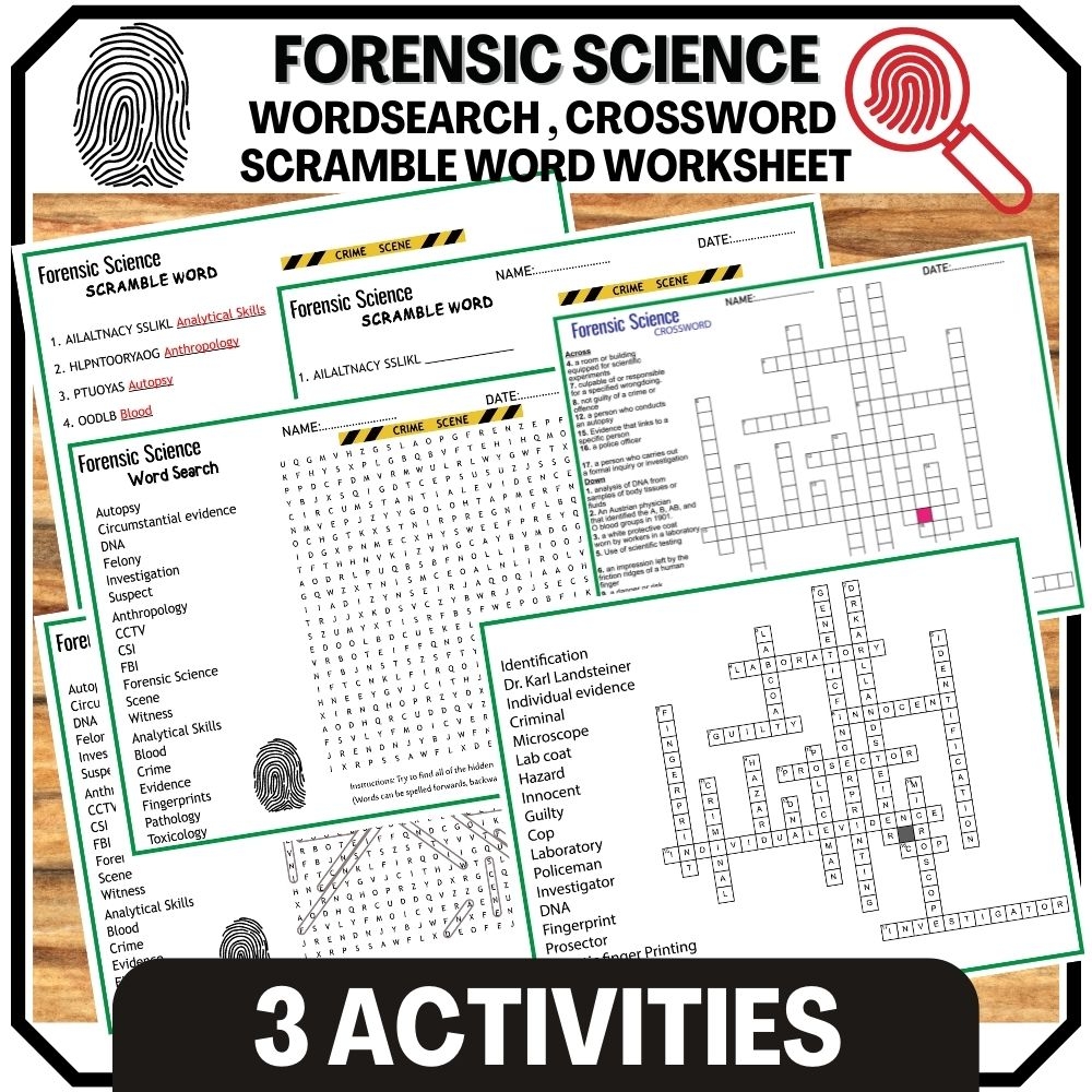 Forensic Science Worksheets Scramble Word Crossword Wordsearch Fingerpri Made By Teachers