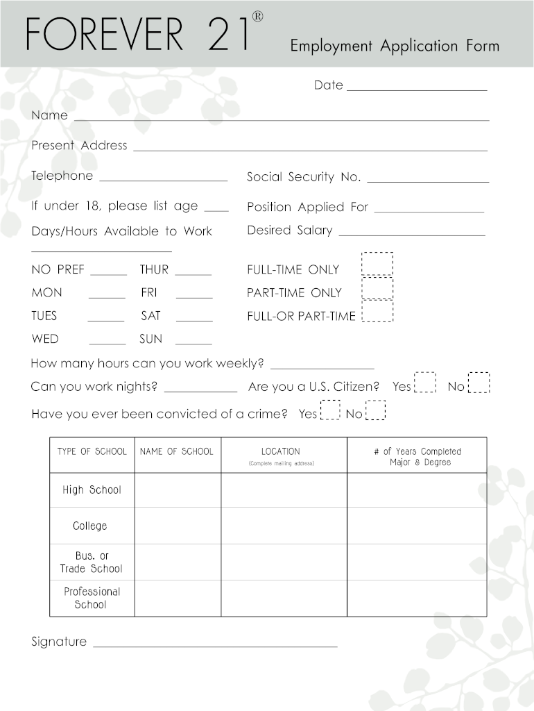 Forever 21 Application Form Fill Online Printable Fillable Blank PdfFiller