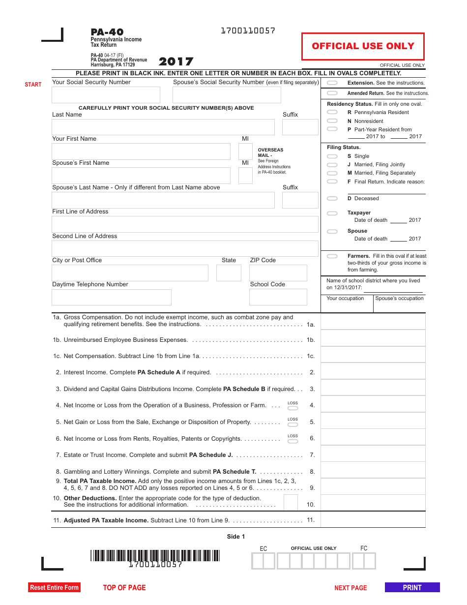 Pa 40 Printable Tax Form Booklet