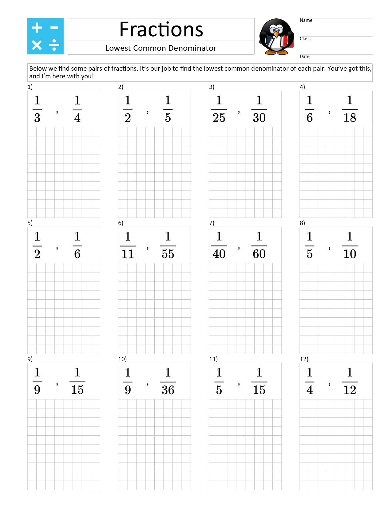 Least Common Denominator Worksheet Printable