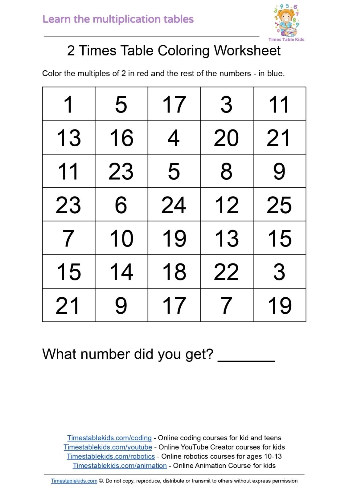 Free 2 Times Table Worksheet Coloring Times Tables Kids