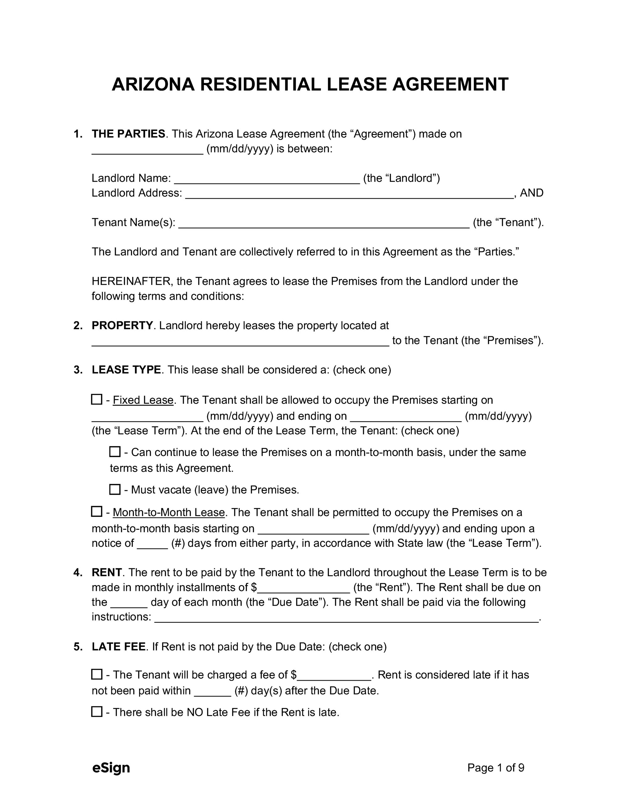 Simple Arizona Rental Agreement Printable