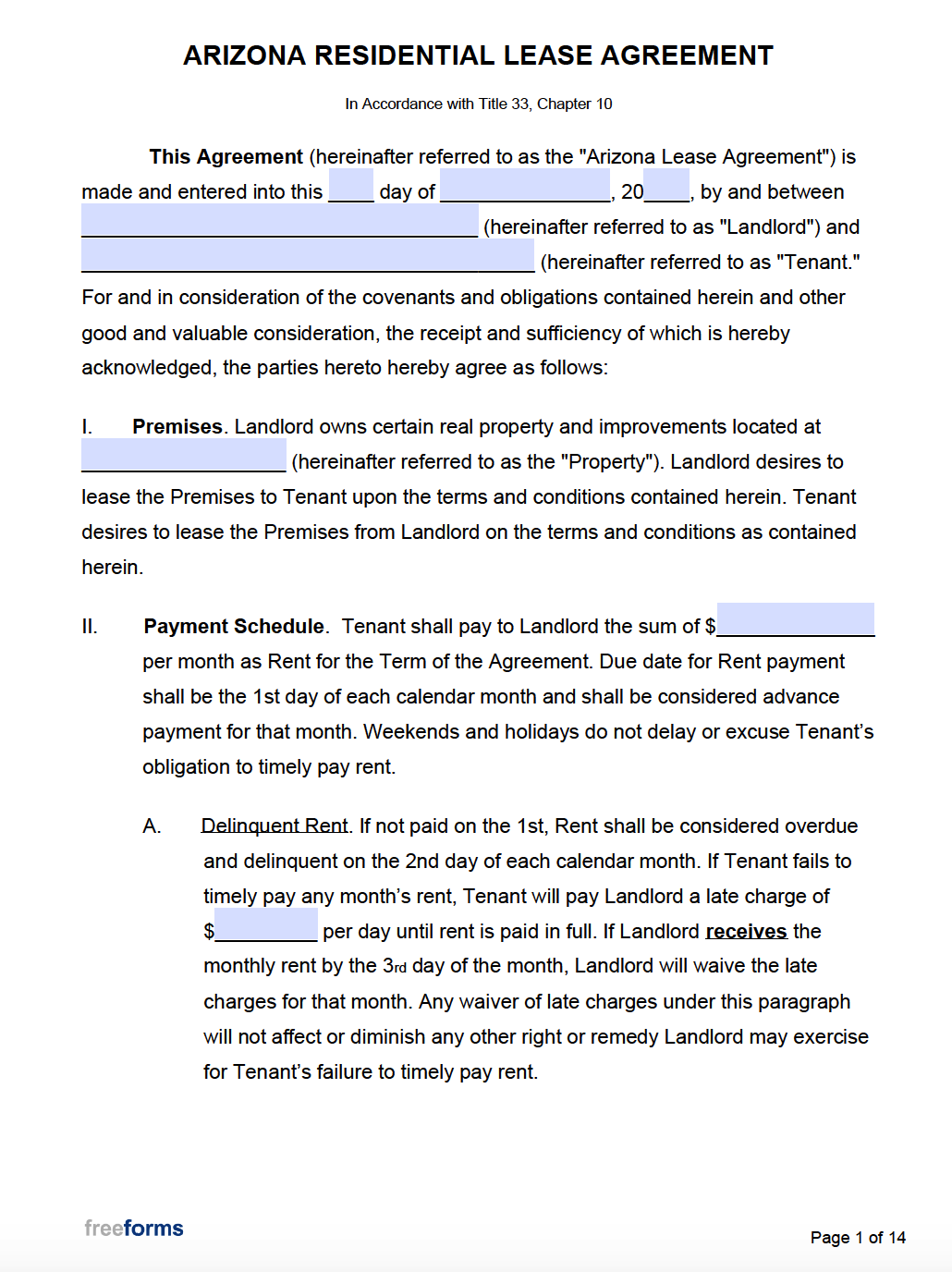 Free Arizona Rental Lease Agreement Templates PDF Word