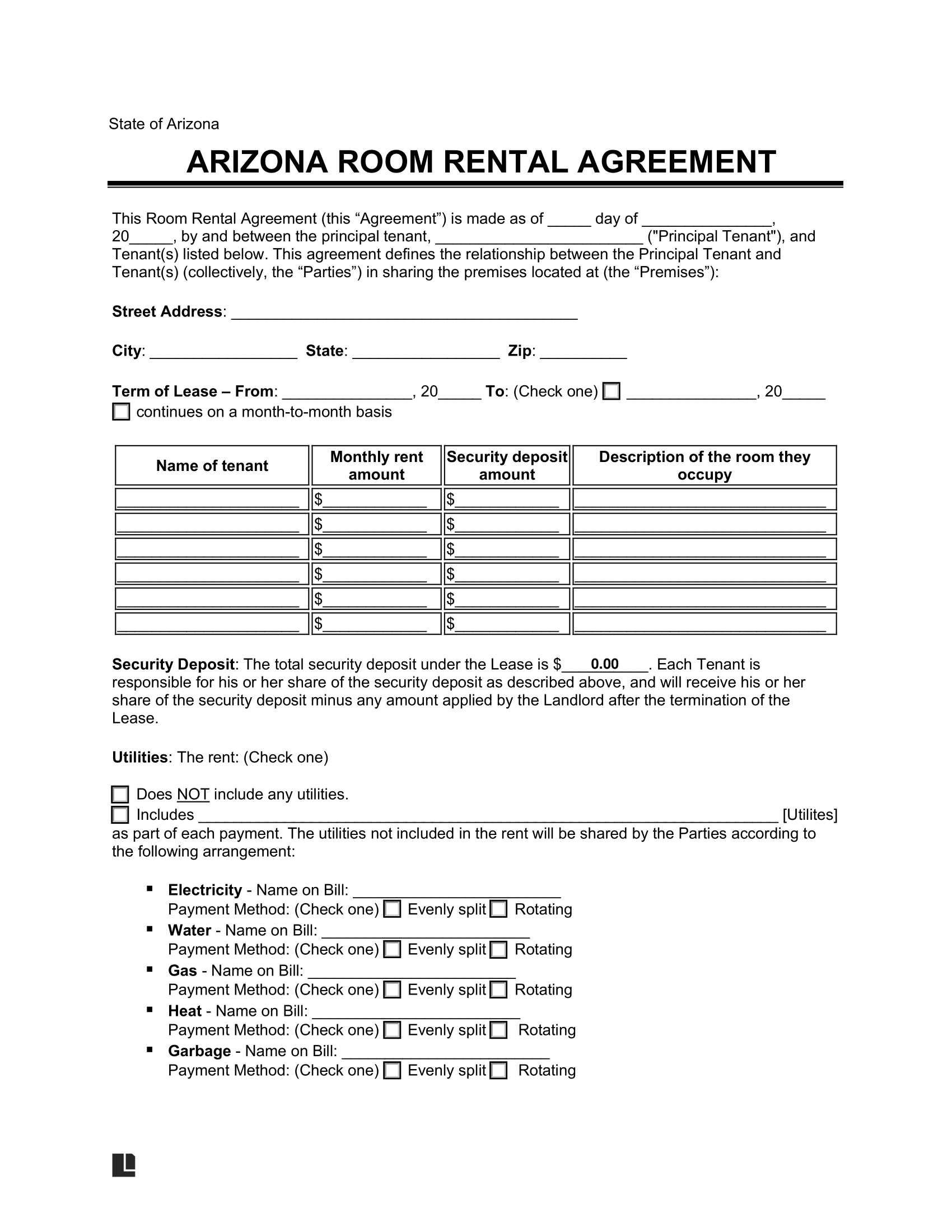 Free Arizona Room Rental Agreement Template PDF Word
