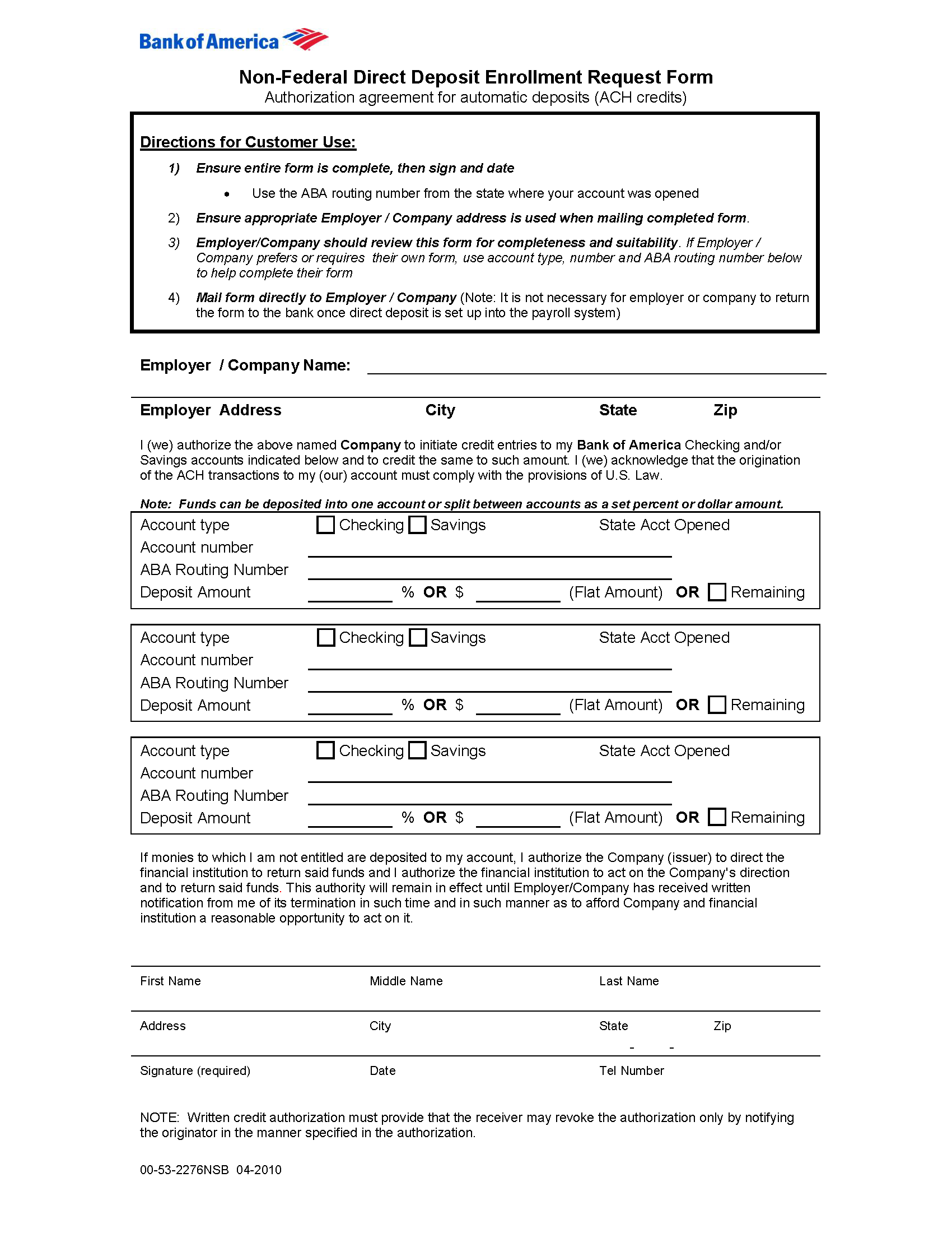 Free Bank Of America Direct Deposit Authorization Form PDF