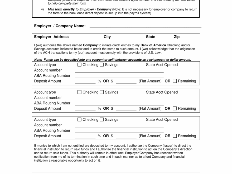 Free Bank Of America Direct Deposit Form PDF EForms