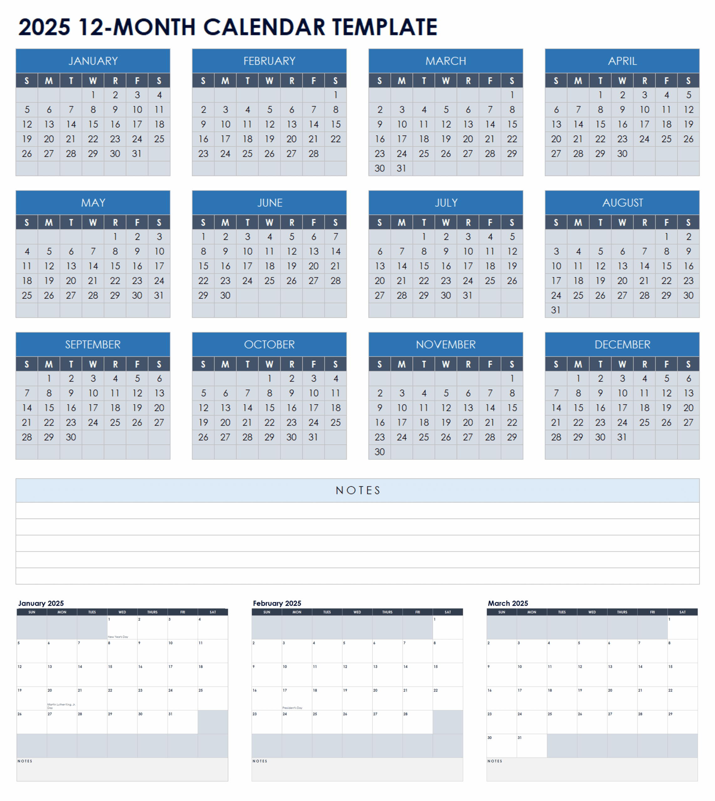 2025 Twelve Month Printable Calendar Starting Sunday