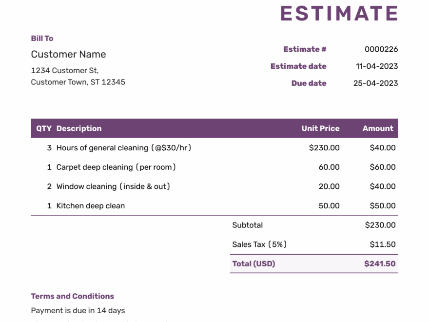 Free Cleaning Estimate Template Docelf