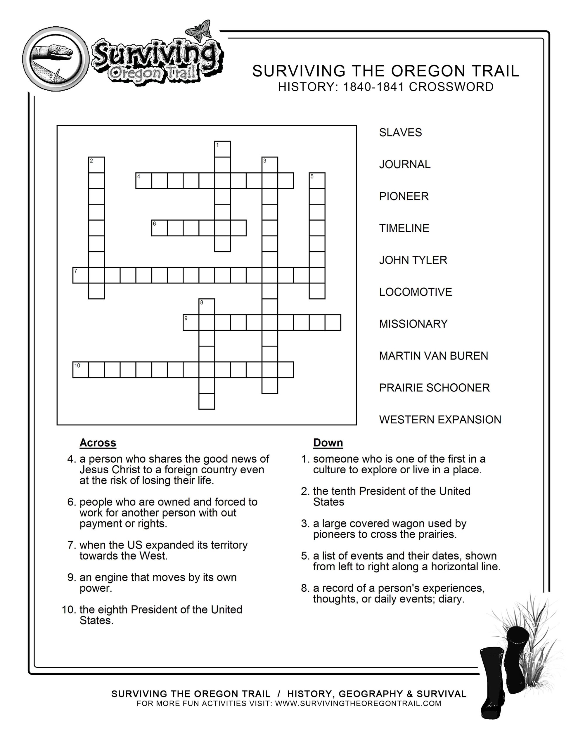 Free Crosswords Puzzle History 1840 41 a Surviving The Oregon Trail