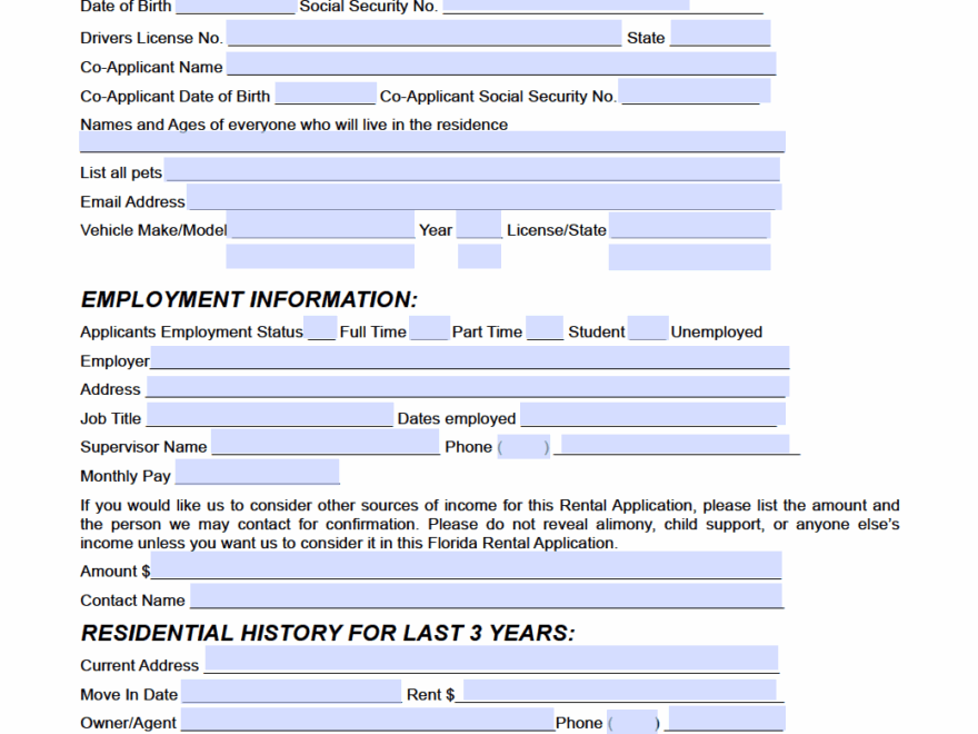 Free Florida Residential Rental Application Form PDF