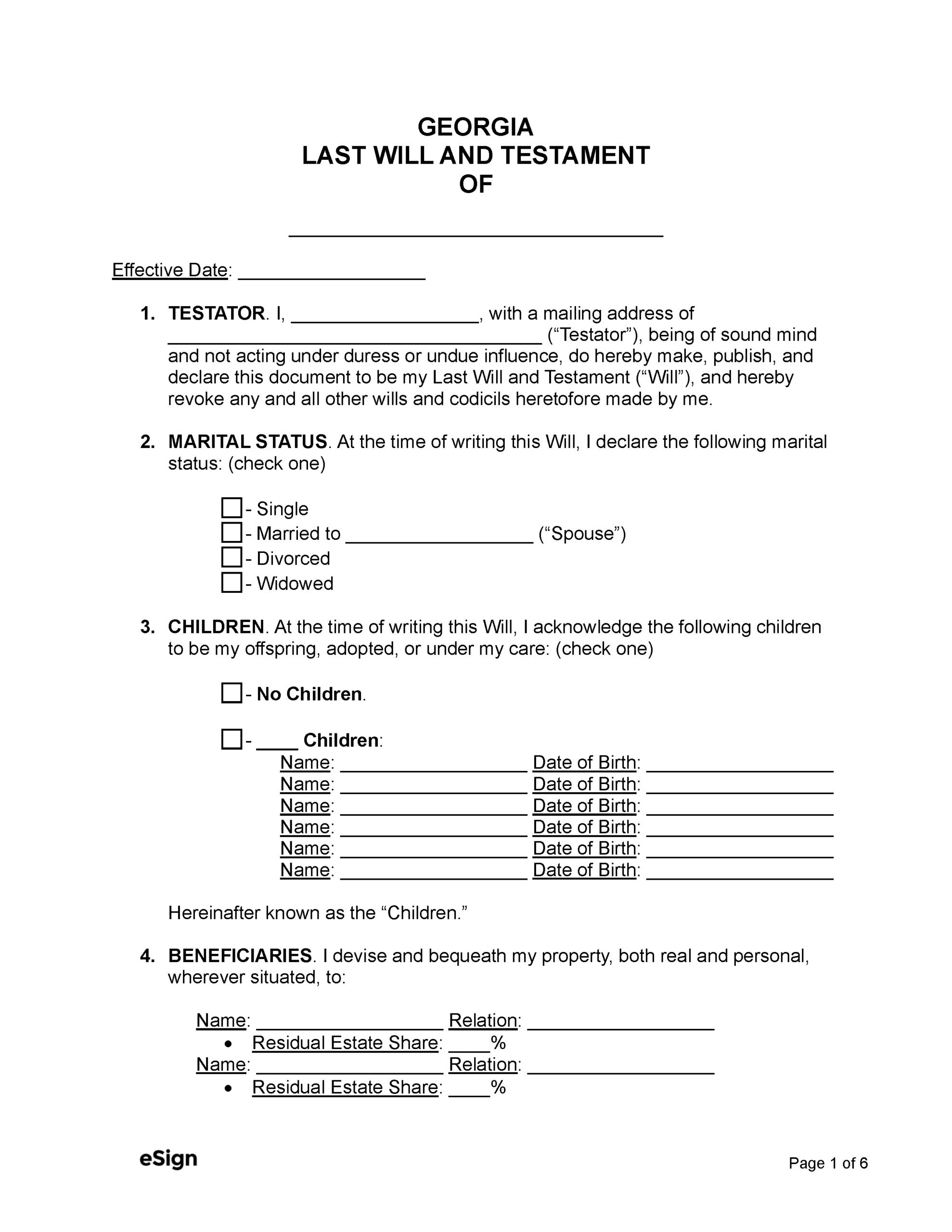 Printable Blank Will With Minor Children Form Georgia
