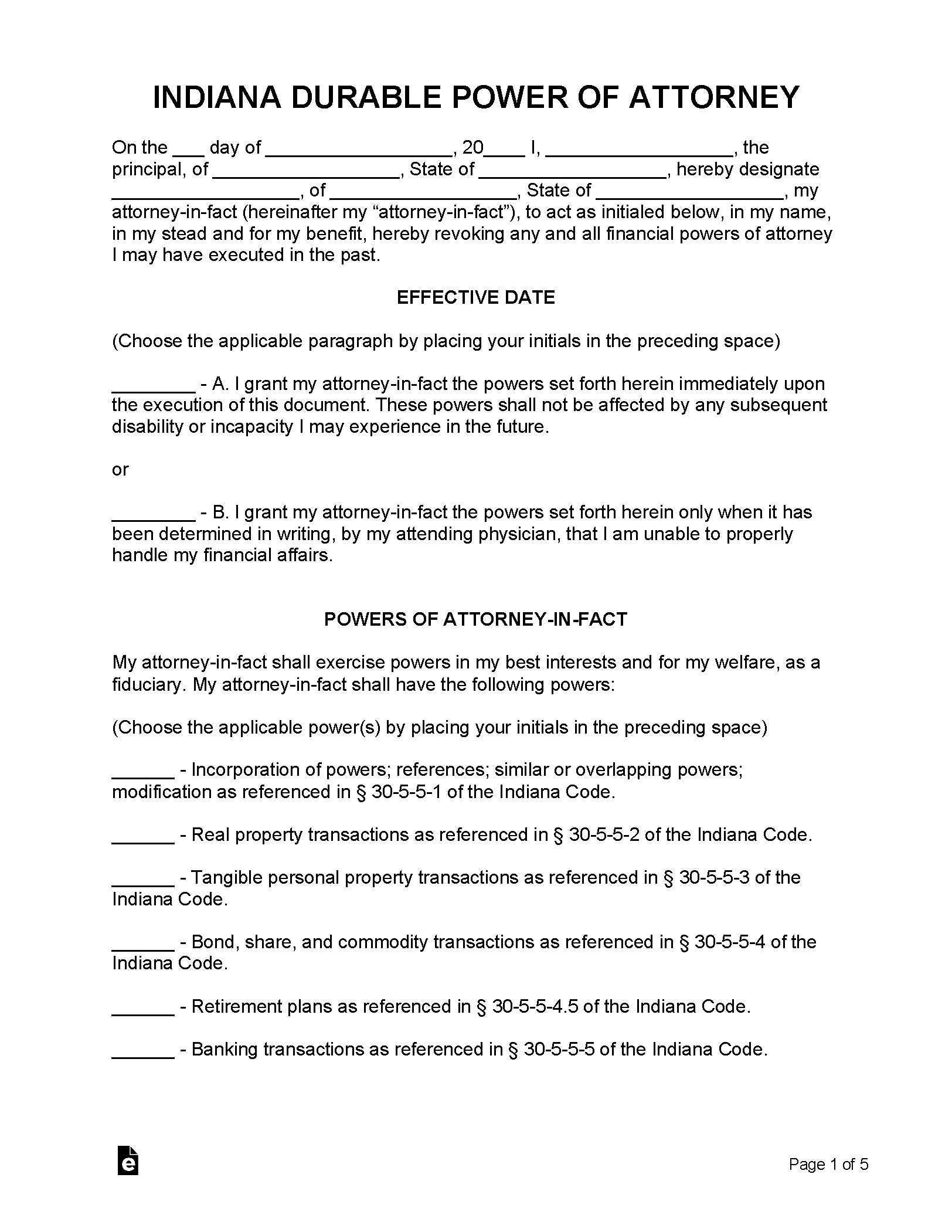 Free Indiana Durable Financial Power Of Attorney Form PDF