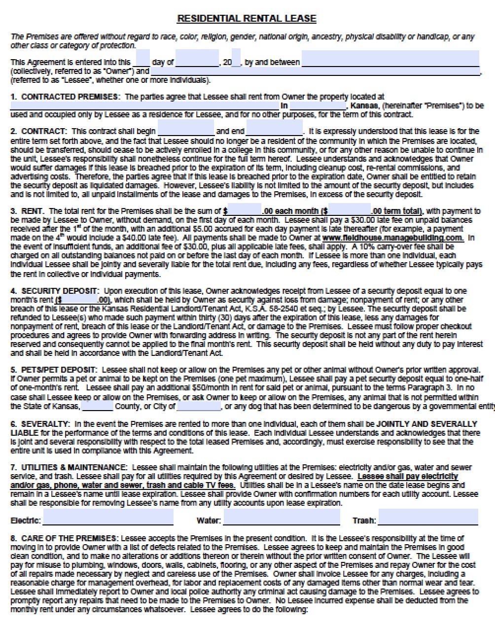 Free Kansas Rental Lease Agreement Templates PDF Word
