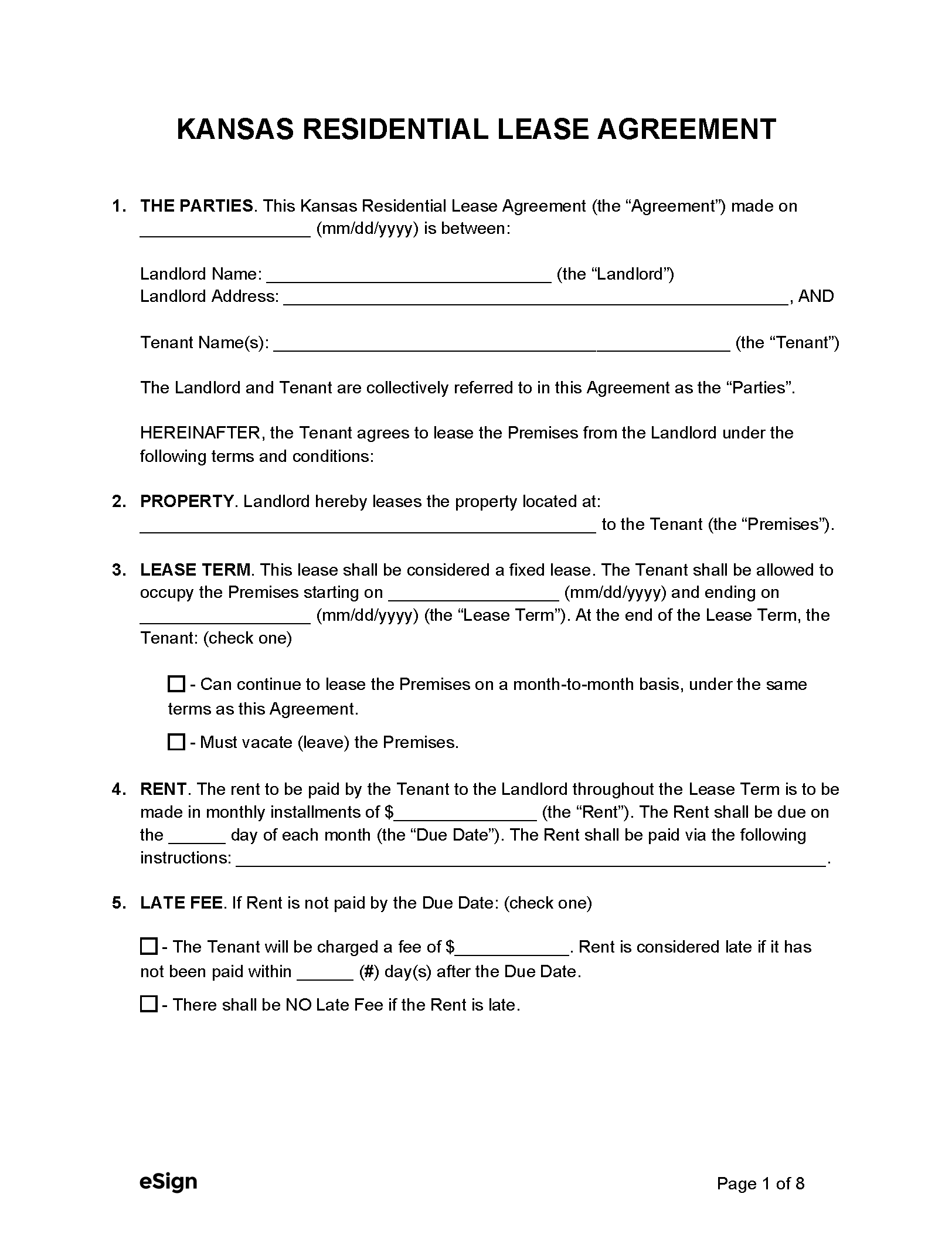 Free Kansas Standard Residential Lease Agreement Template PDF Word
