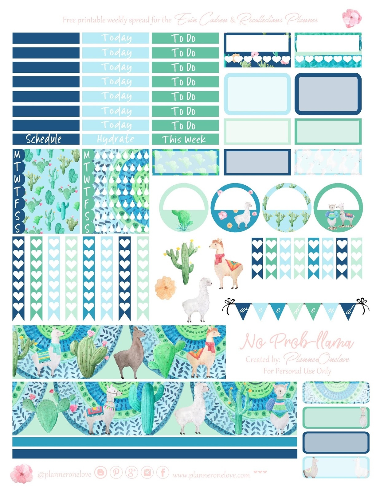 Free Llama Cactus Printable Planner Spread For EC Recollections Planner Bonus Deco Sheet Planner Onelove