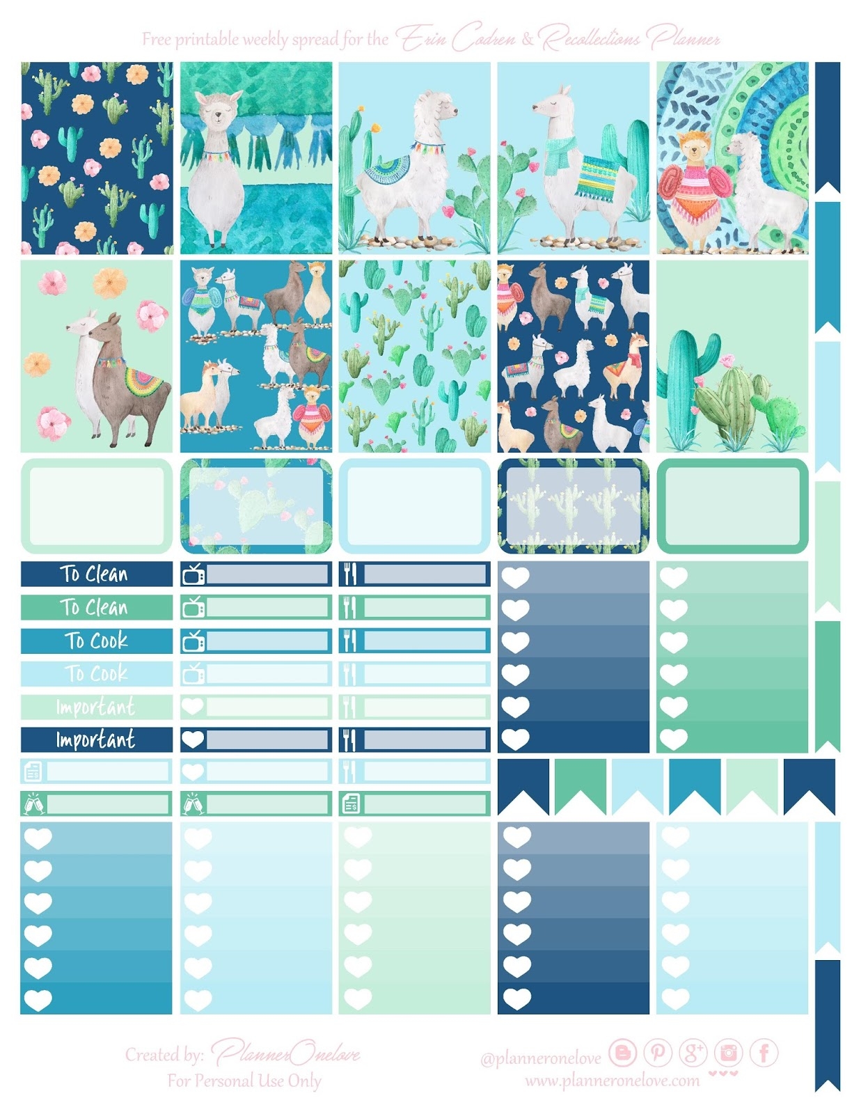 Free Llama Cactus Printable Planner Spread For EC Recollections Planner Bonus Deco Sheet Planner Onelove