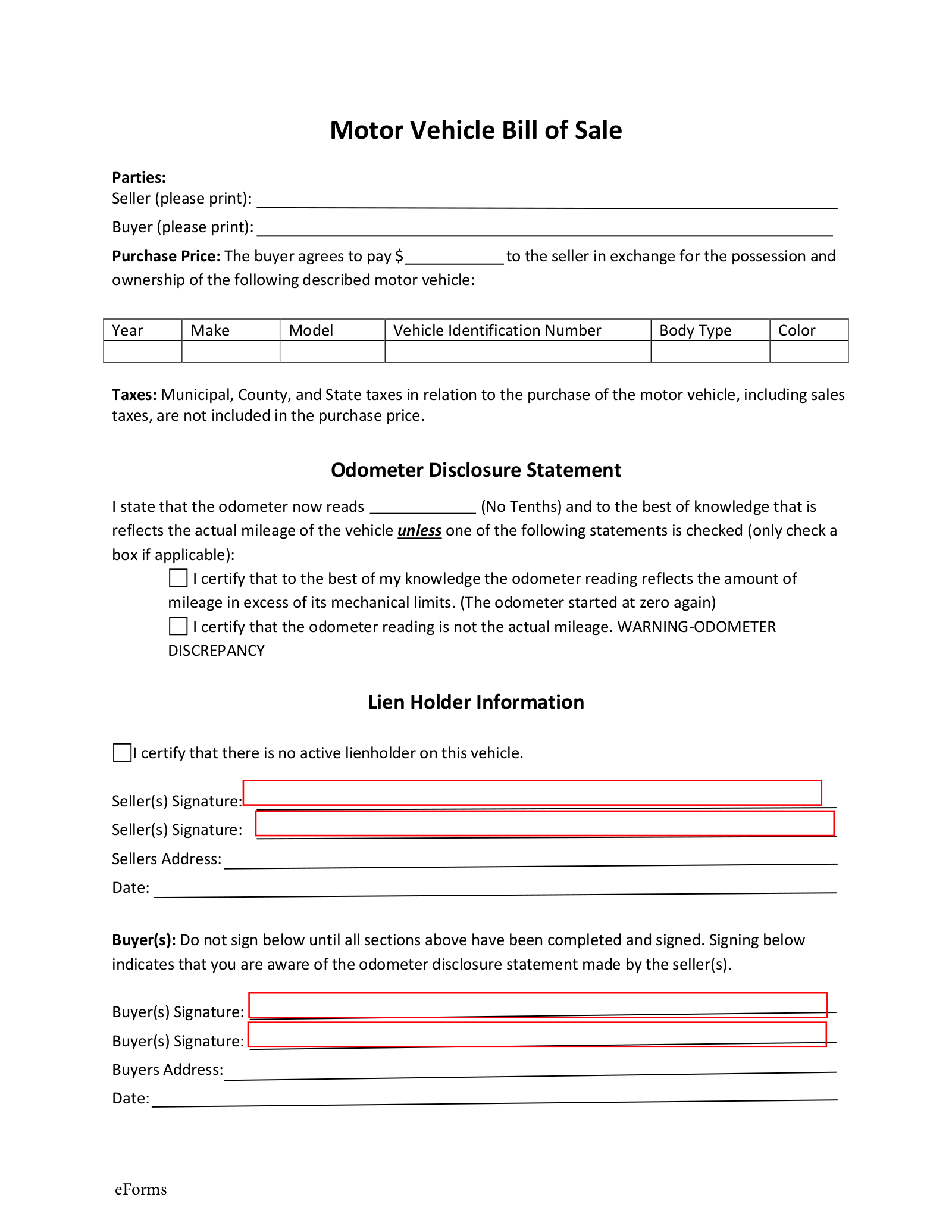 Free Maine Motor Vehicle Bill Of Sale Form PDF EForms
