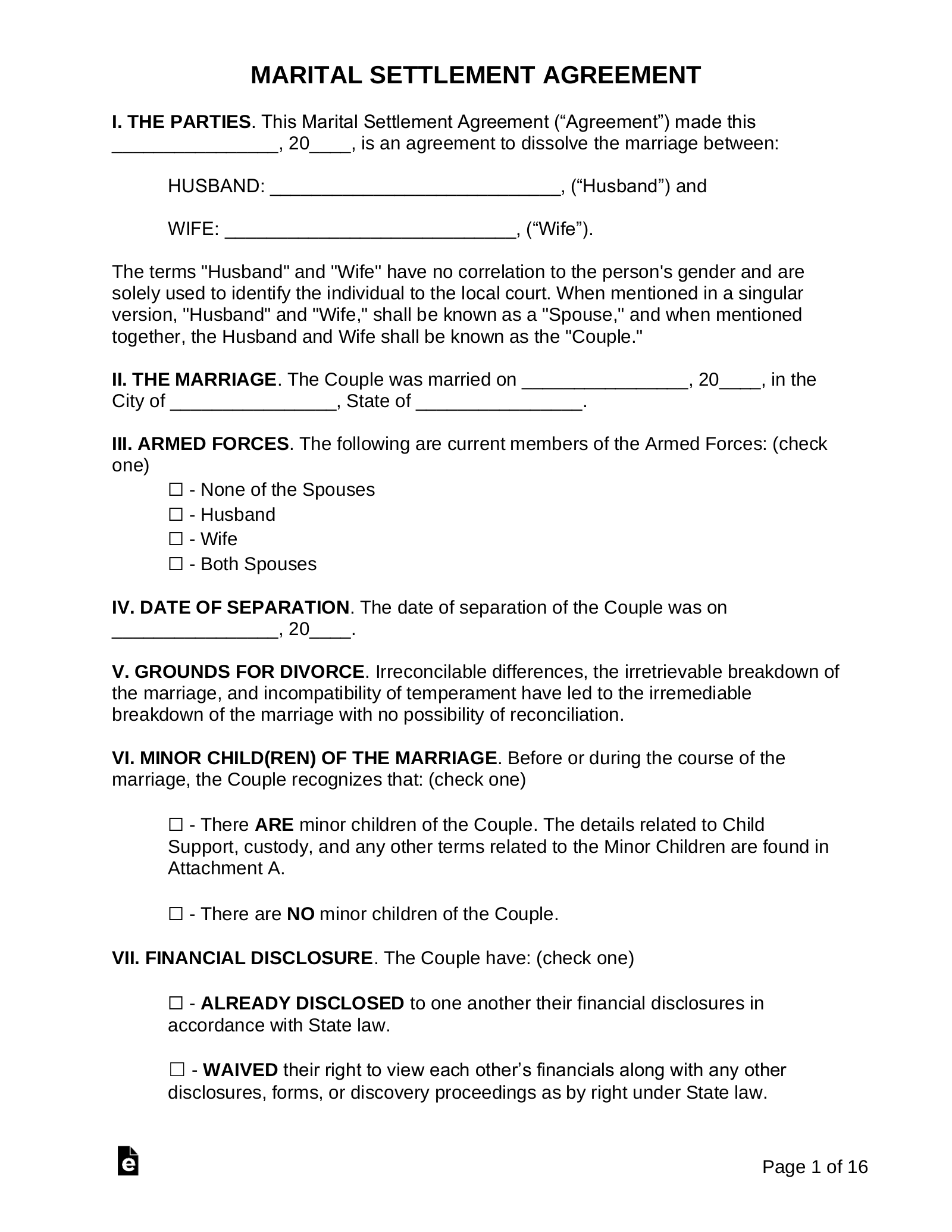 Free Marital Settlement Agreement Template Sample PDF Word EForms