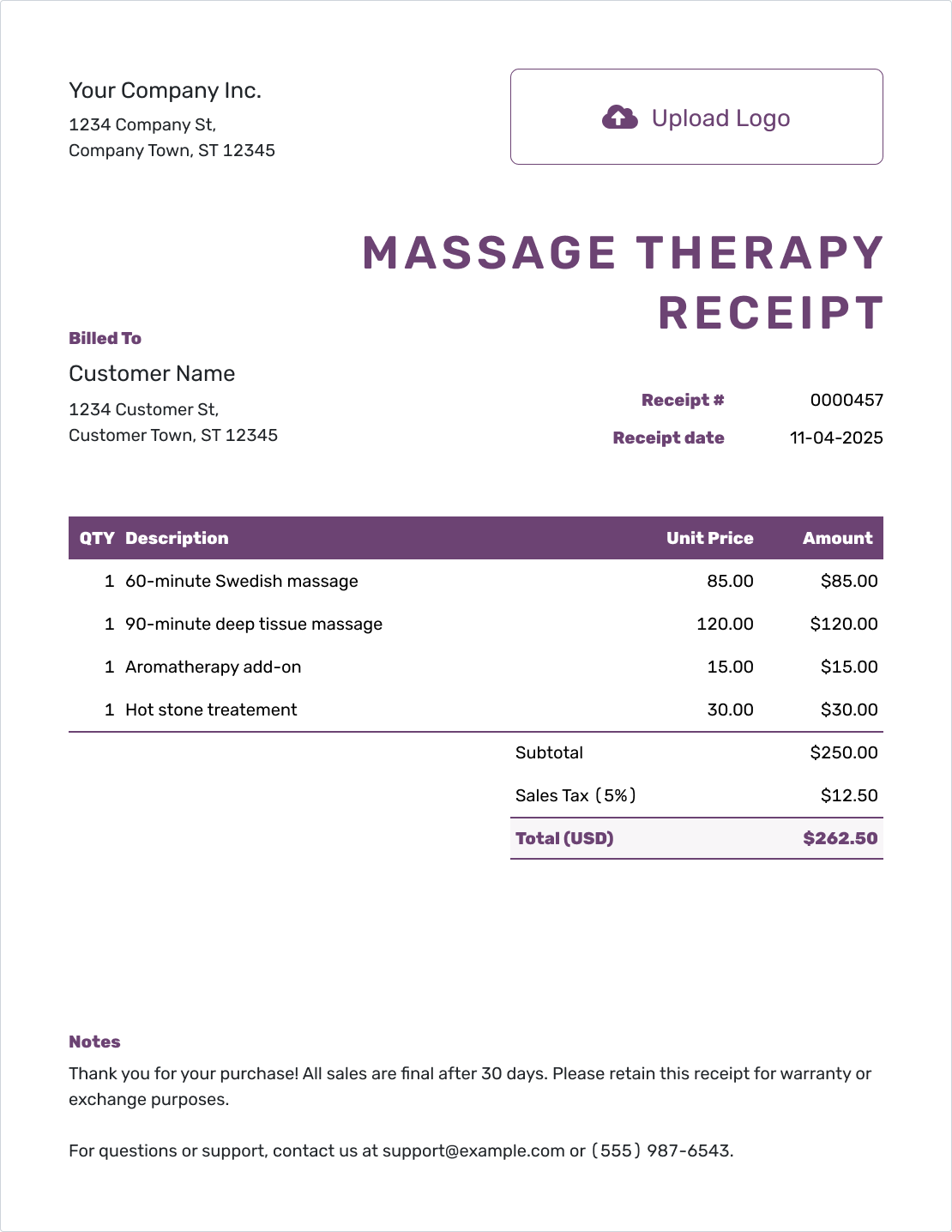 Free Massage Therapy Receipt Template Docelf