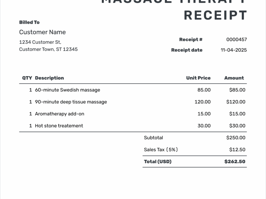 Free Massage Therapy Receipt Template Docelf